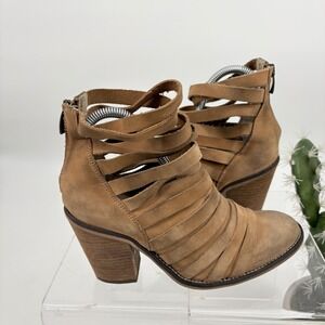 Free‎ People Hybrid Brown Leather Strappy Heeled Booties Zip-Up Block Heel 38/ 8